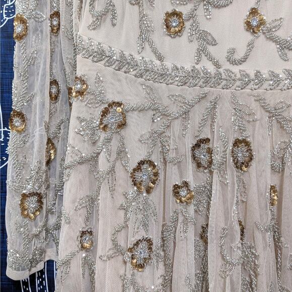 NWT Mac Duggal Floral Beadwork Long Sleeve Midi Dress Nude Women's Size 10 10799 - Picture 5 of 9